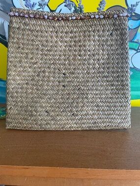 Handwoven Straw Clutch with Beaded Trim - Brown